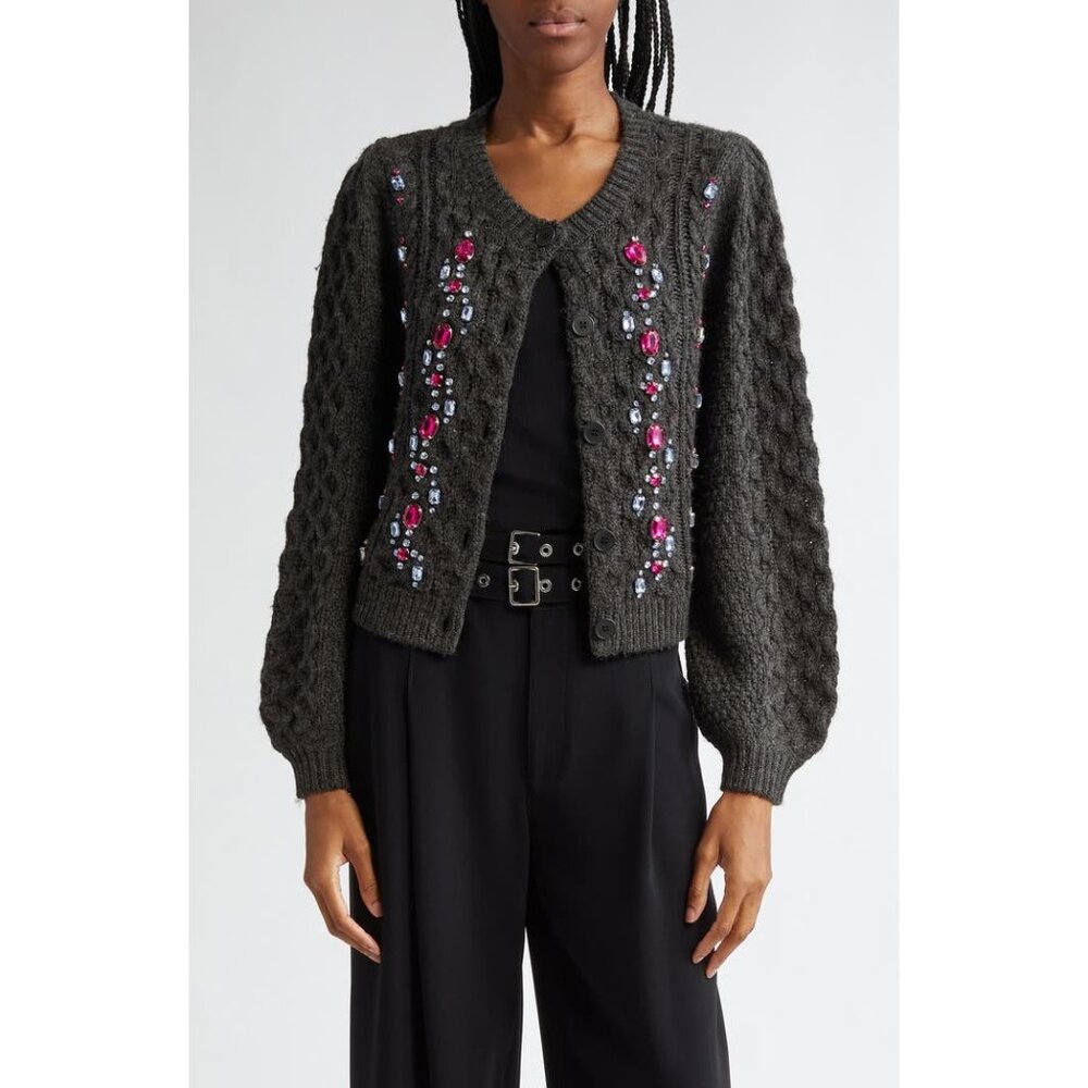 Cinq à Sept - Joelle Embellished Cable Cardigan - Charcoal/Fuchsia size XS